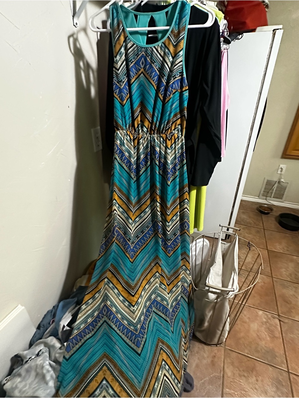 Ya Los Angeles Teal and Tan Chevron Maxi Dress